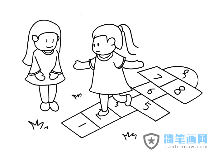 兩個小朋友玩跳格子游戲的簡筆畫圖片