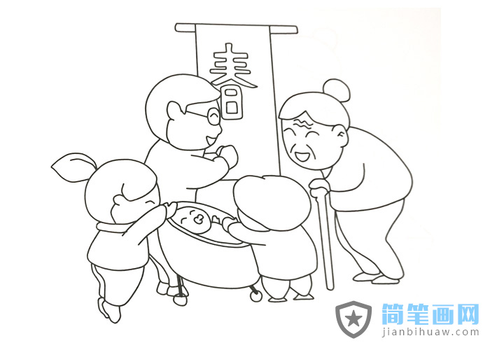 春節走親訪友拜年簡筆畫圖片