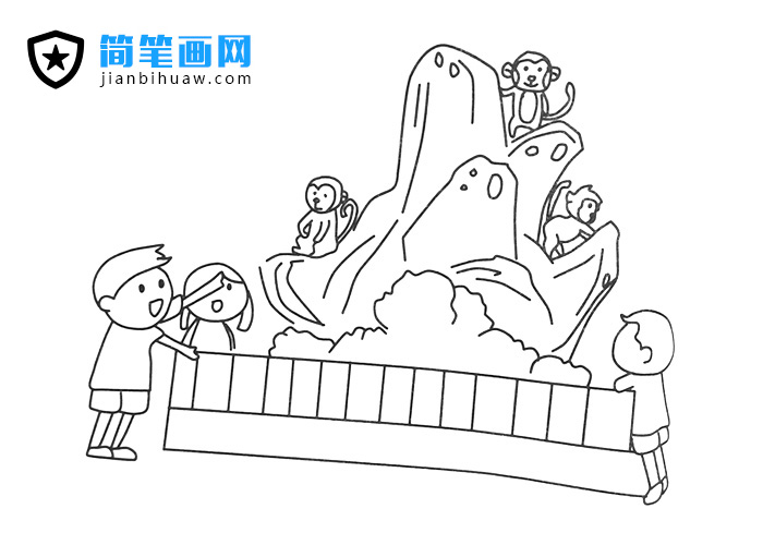 小朋友們在動物園觀看猴子的簡筆畫圖片