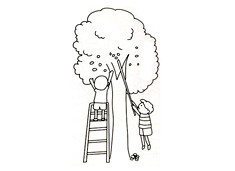 兩個小孩子在摘果子的簡筆畫圖片