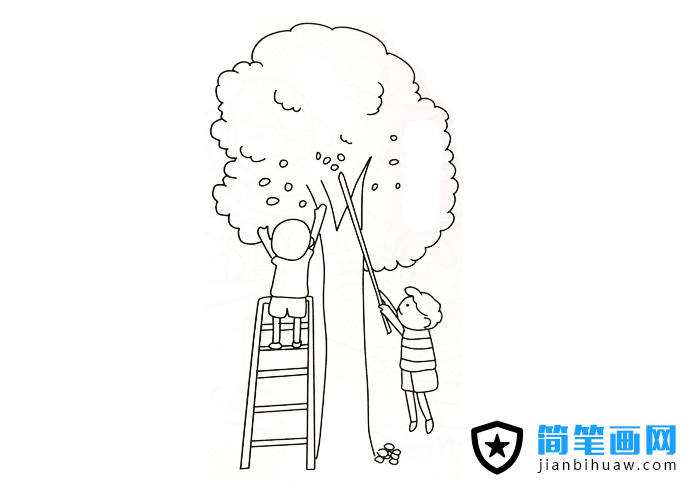 兩個小孩子在摘果子的簡筆畫圖片