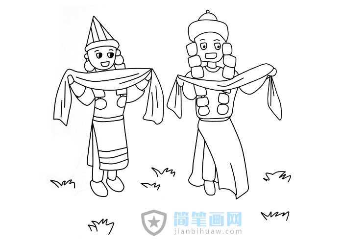 草原蒙古族敬獻哈達的簡筆畫圖片