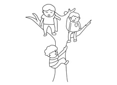 三位小朋友在爬樹的簡筆畫圖片