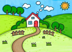 美麗的村莊簡筆畫圖片含上色