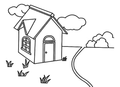 河邊美麗的小房子簡筆畫圖片
