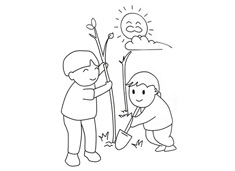 小朋友們在植樹的簡筆畫圖片