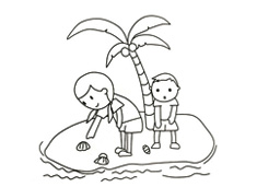 姐弟倆在島上岸邊撿貝殼的簡筆畫圖片