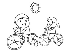 兩個小孩子騎自行車的簡筆畫圖片