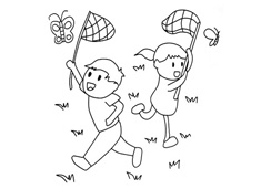 兩個小孩子在捉蝴蝶的簡筆畫圖片