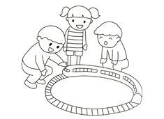 三個小朋友在玩軌道小火車的簡筆畫圖片