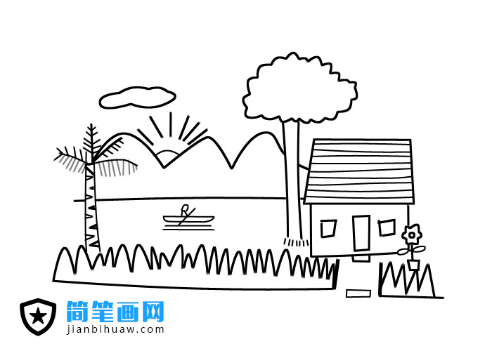 山水小屋風景簡筆畫圖片