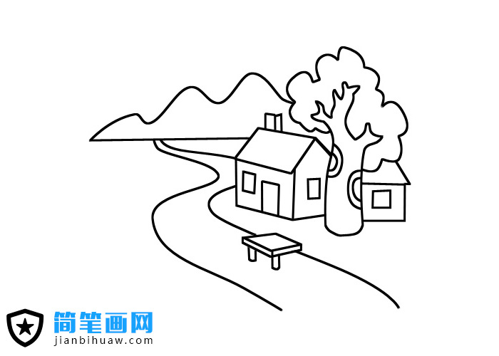 河邊小房子風景簡筆畫圖片