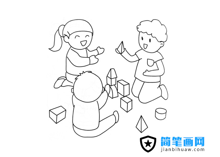 小朋友們在一起搭積木的簡筆畫圖片