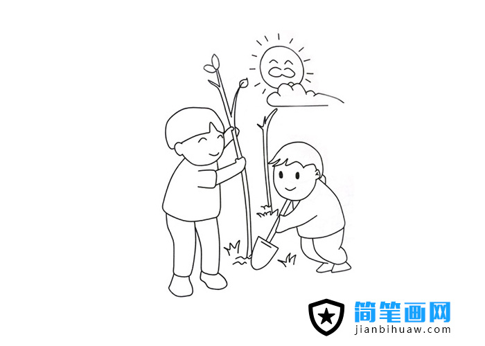 小朋友們在植樹的簡筆畫圖片