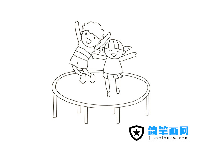 小朋友在蹦床上玩耍的簡筆畫圖片