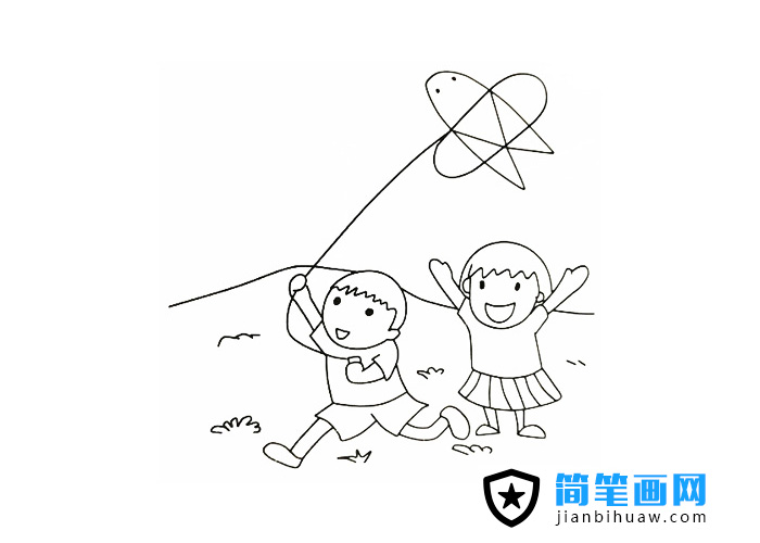 小朋友戶外放風箏的簡筆畫圖片