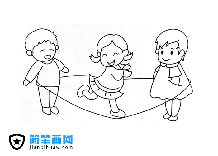 3個小孩在玩跳繩游戲的簡筆畫圖片
