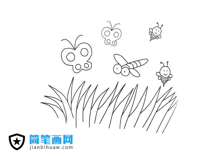 草地好多飛舞的蝴蝶密封蜻蜓簡筆畫圖片
