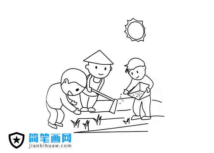 農民伯伯在烈日下種田的簡筆畫圖片