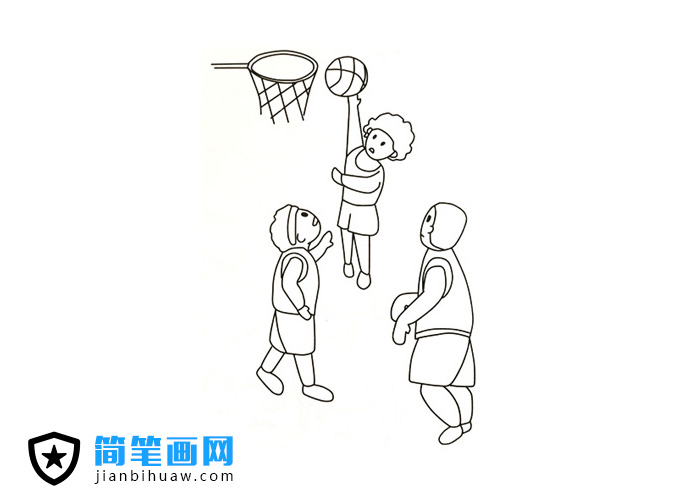 三個小男孩在打籃球的簡筆畫圖片