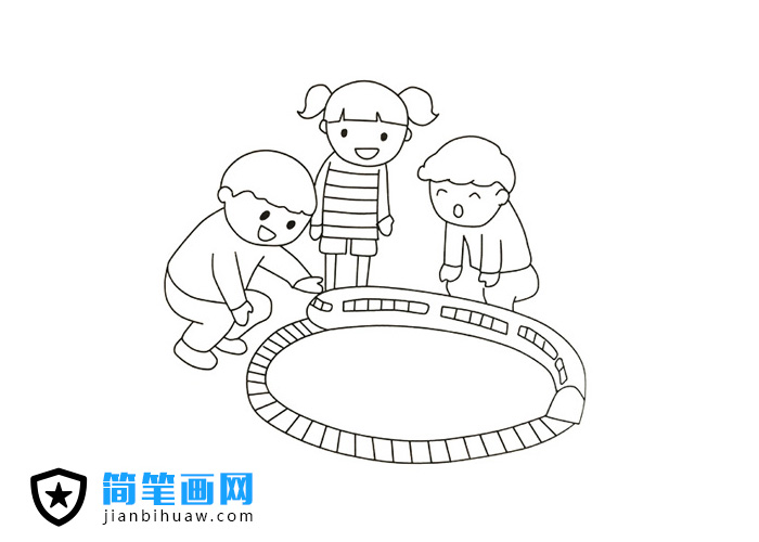 三個小朋友在玩軌道小火車的簡筆畫圖片