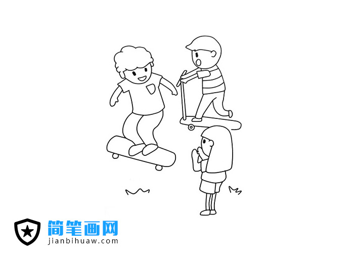 三個小朋友在玩滑板車的簡筆畫圖片