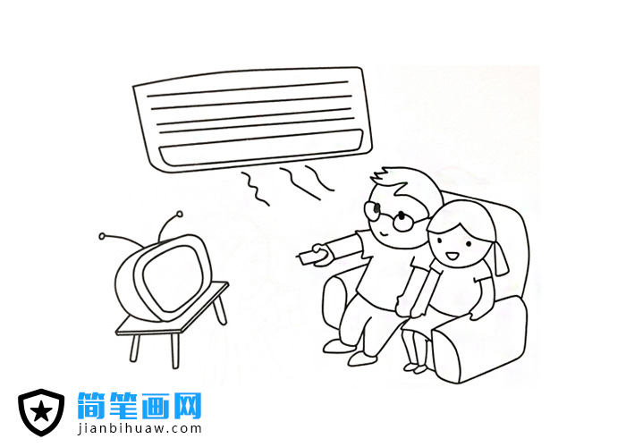 夏天小朋友們吹空調看電視的簡筆畫圖片
