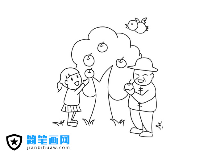 小朋友和爺爺在蘋果樹下摘蘋果的簡筆畫圖片