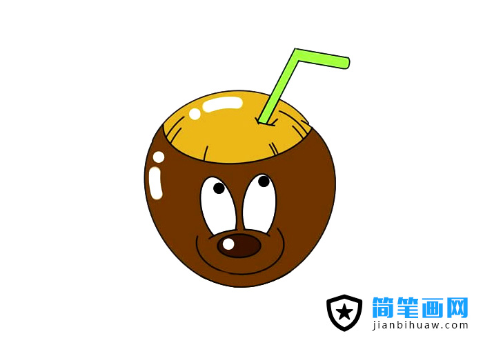 卡通椰子帶吸管的簡筆畫圖片含上色
