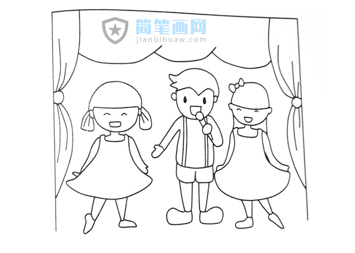 三位小朋友在舞臺上表演唱歌的簡筆畫圖片