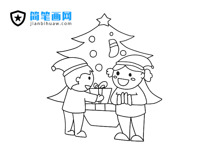 兩位小朋友圣誕節交換禮物的簡筆畫圖片