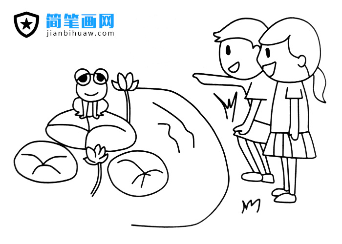 兩位小朋友在池塘邊看小青蛙的簡筆畫圖片