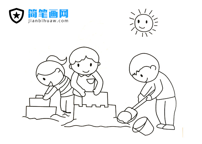 三位小朋友在沙灘堆出各種形狀的簡筆畫圖片