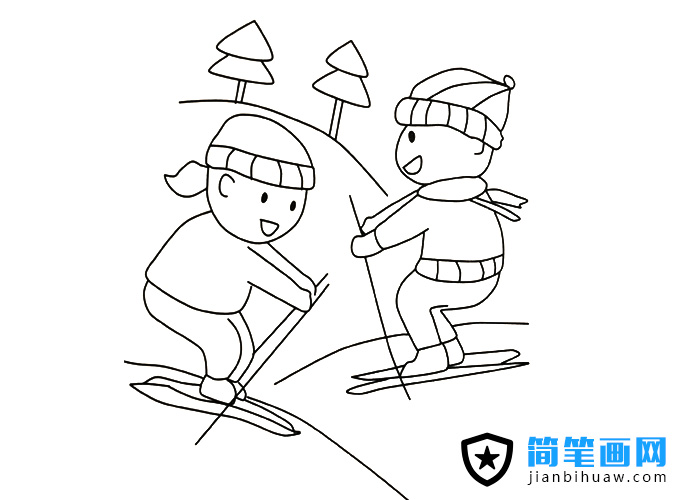 兩位小朋友在滑雪的簡筆畫圖片