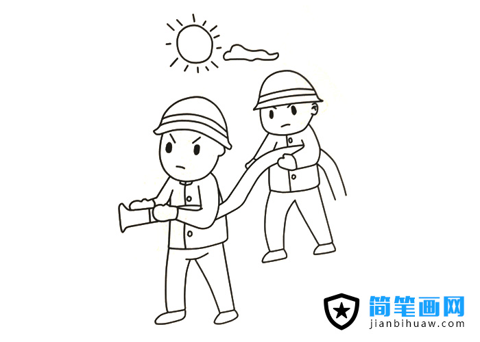 兩位消防員在救火的簡筆畫圖片