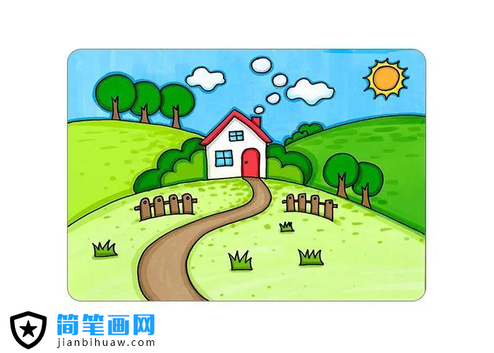 美麗的村莊簡筆畫圖片含上色