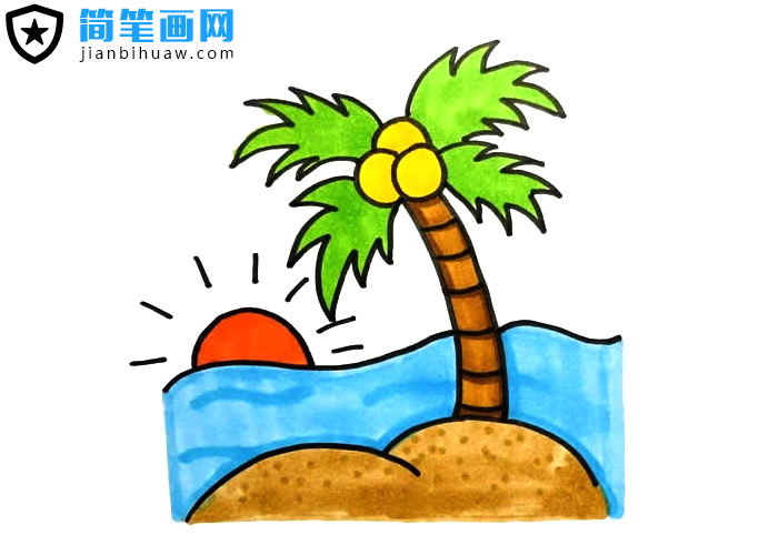 海邊日出椰樹風景簡筆畫含上色圖片