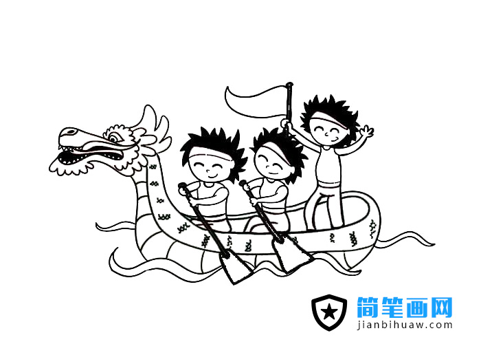 三位運動員在劃龍舟的簡筆畫圖片