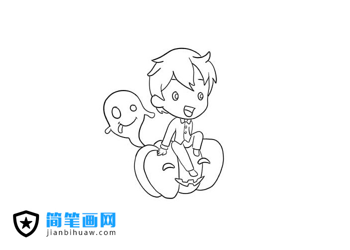 坐在萬圣節南瓜上的男孩簡筆畫圖片
