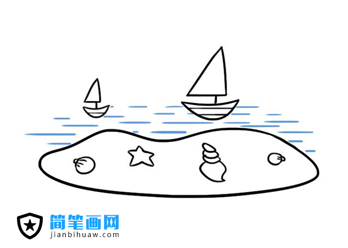 帆船沙灘簡筆畫圖片含上色