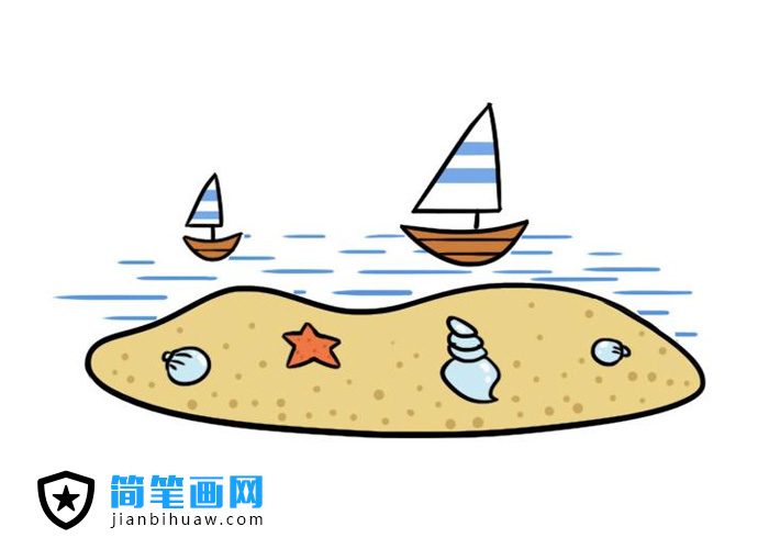 帆船沙灘簡筆畫圖片含上色