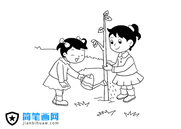 兩位小朋友在植樹澆水的簡筆畫圖片