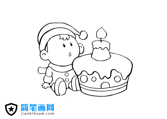 小寶寶坐在蛋糕旁邊的簡筆畫圖片