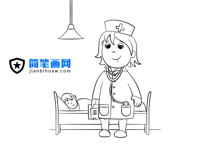 醫生在病床前問診的簡筆畫圖片