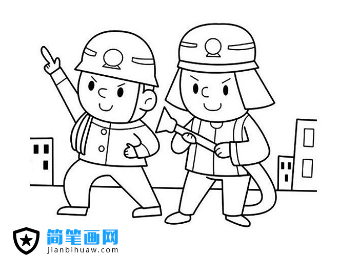 兩位在救火的消防員簡筆畫圖片