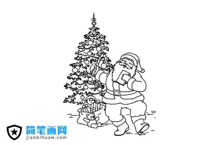 站在圣誕樹前派送禮物的圣誕老人簡筆畫圖片