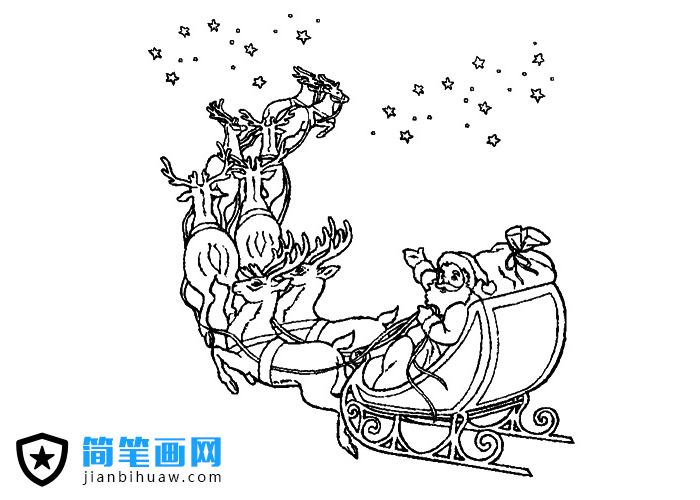 圣誕老人駕著馴鹿雪橇車送禮物的簡筆畫圖片