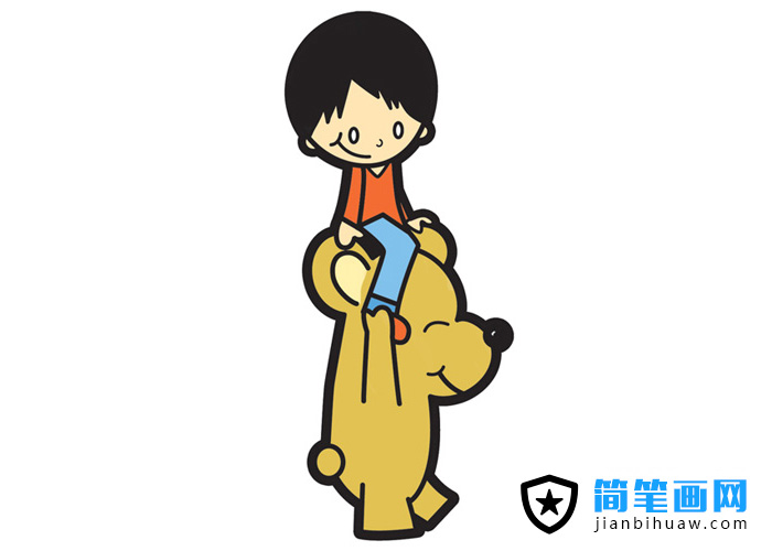 騎在卡通熊頭上的小男孩簡筆畫