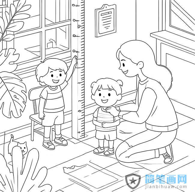 媽媽給兩個孩子量身高的簡筆畫圖片