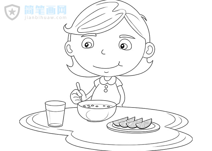 小朋友在吃早餐的簡筆畫圖片
